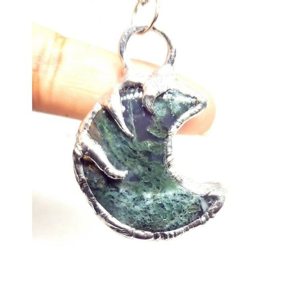 Moss agate moon crystal Necklace handmade silver spikes stainless steel chain - Picture 1 of 9